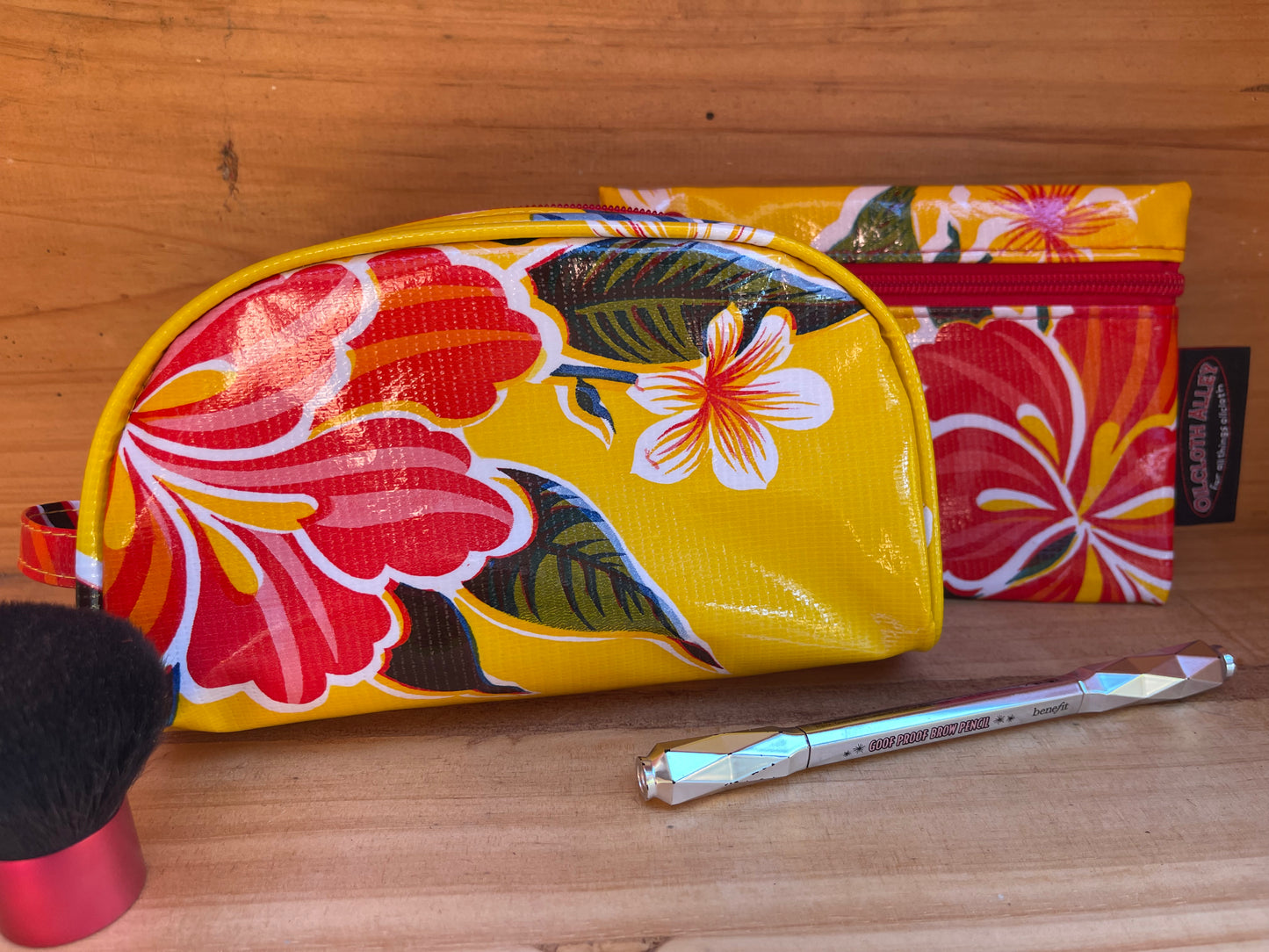 Yellow Hibiscius Oilcloth Combination  Set - Mini Cosmetic Bag & Small Pouch