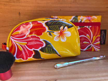 Yellow Hibiscius Oilcloth Combination  Set - Mini Cosmetic Bag & Small Pouch