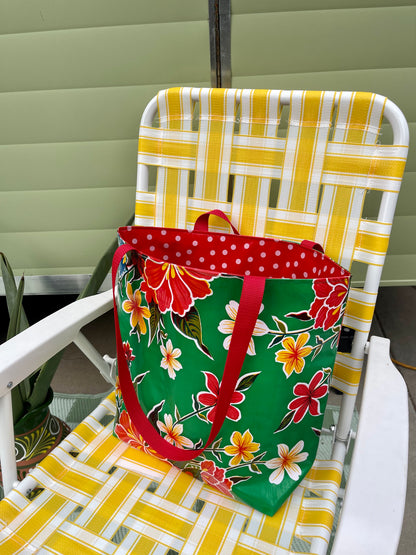 green hibiscus oilcloth tote