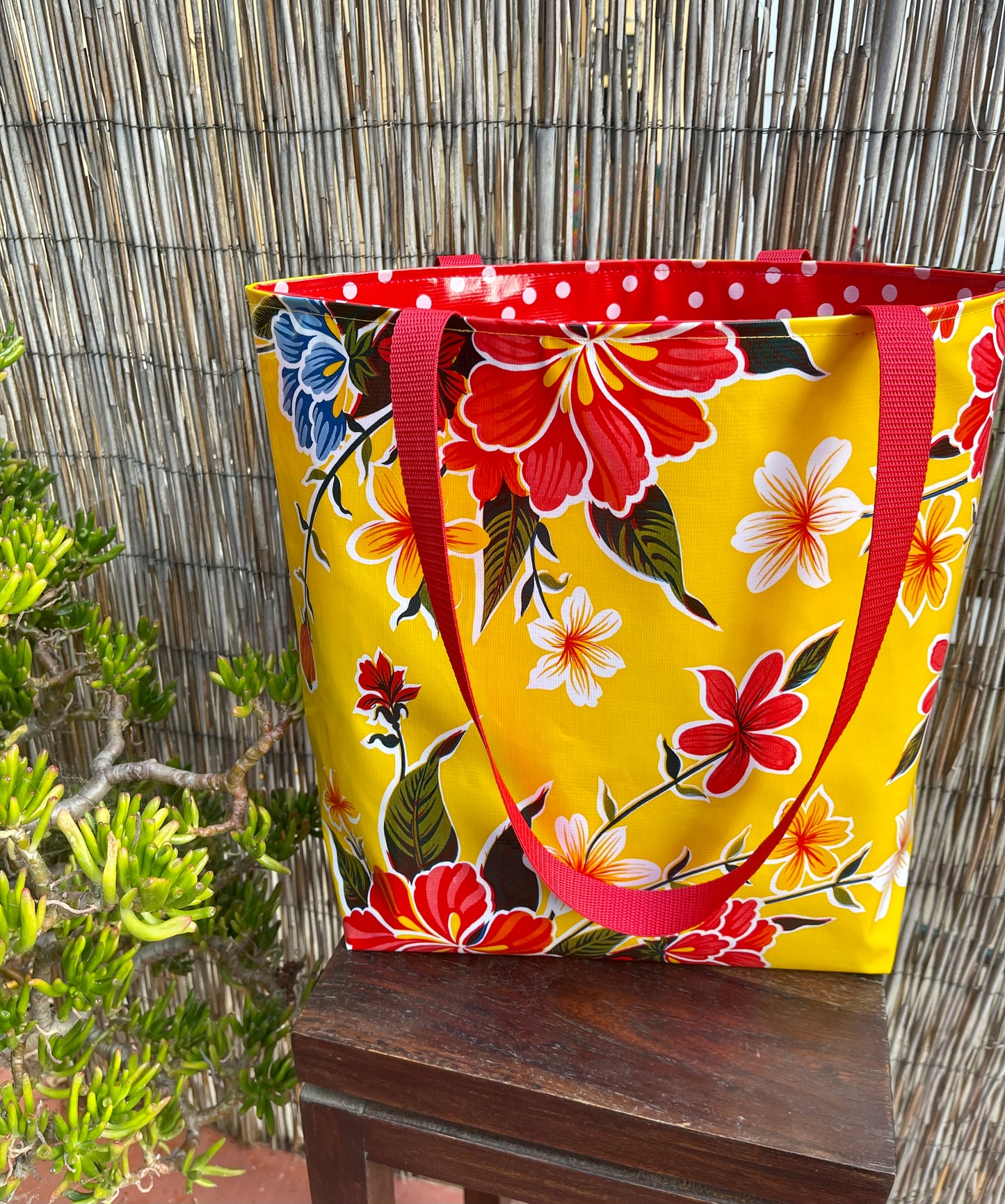 Reversible Oilcloth Totebag - Yellow Hibiscus with White on Red Polka