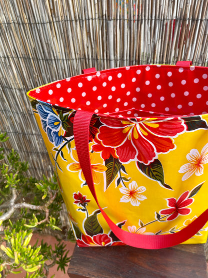 Reversible Oilcloth Totebag - Yellow Hibiscus with White on Red Polka