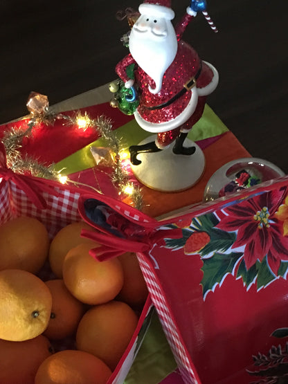 Reversible Oilcloth Basket in Red Vintage Christmas and Green Gingham