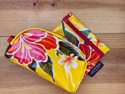 Yellow Hibiscius Oilcloth Combination  Set - Mini Cosmetic Bag & Small Pouch