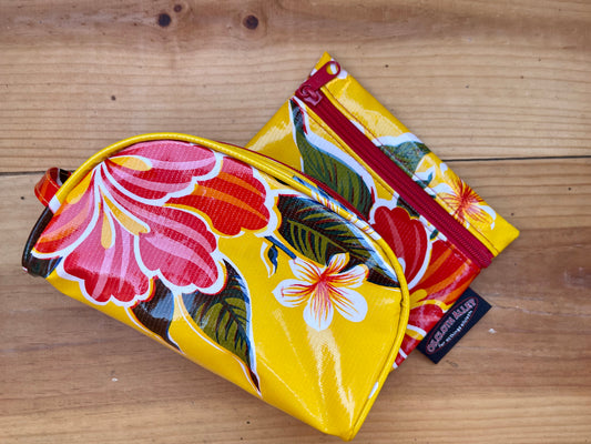 Yellow Hibiscius Oilcloth Combination  Set - Mini Cosmetic Bag & Small Pouch