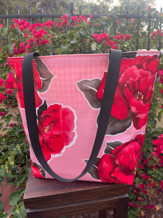 Reversible Oilcloth Totebag - Pink Magenta Blossom with Black Gingham - Two Sizes