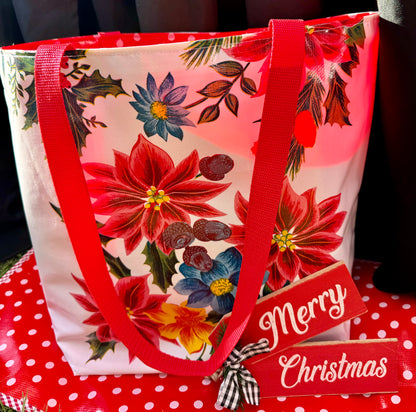 Reversible Oilcloth Christmas Totebag - Red or White Vintage Christmas