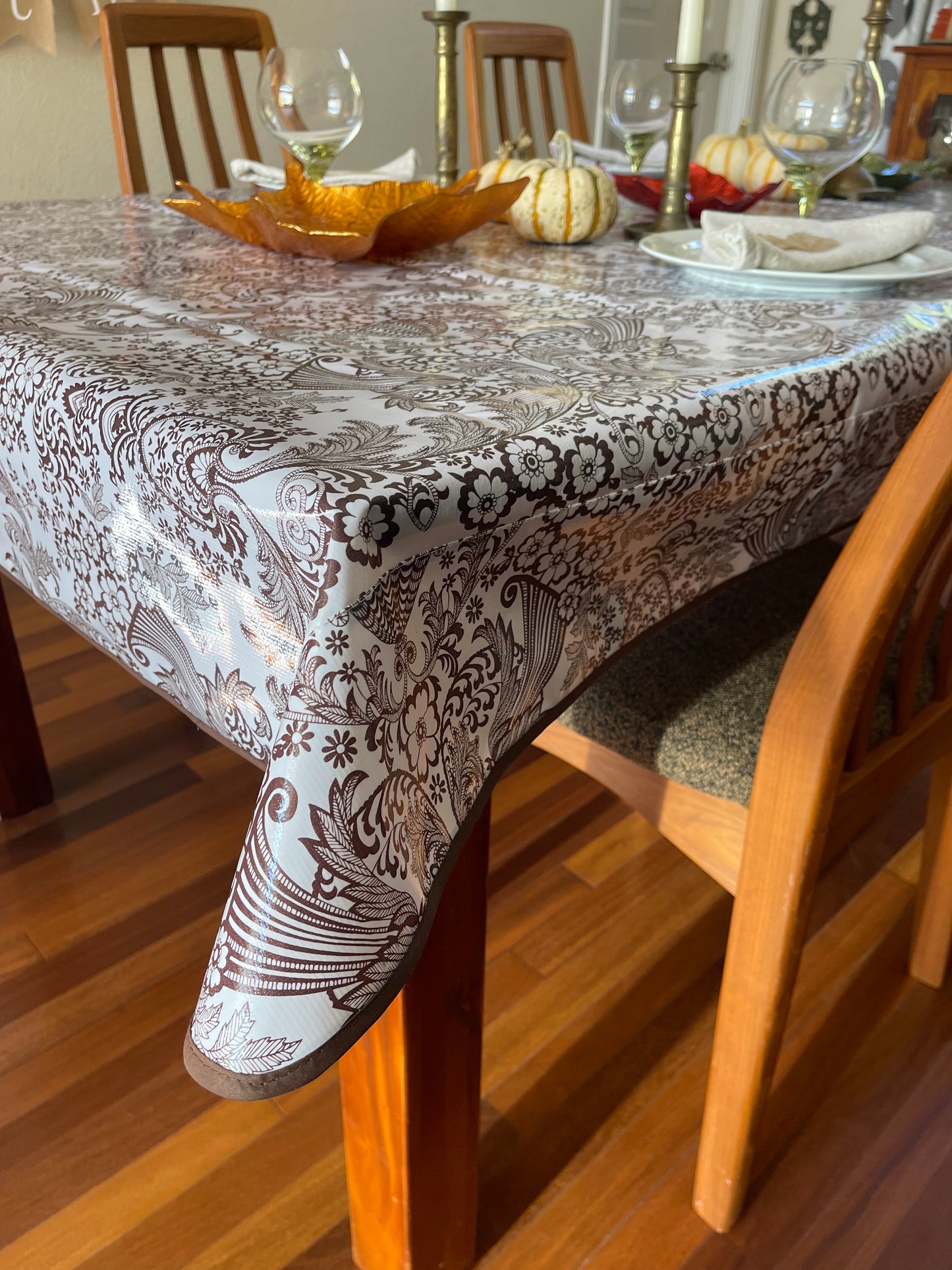 Brown Toile Oilcloth Tablecloth 84" x 56"