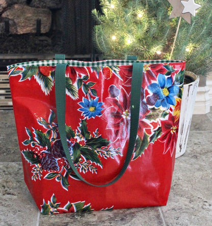 Reversible Oilcloth Christmas Totebag - Red or White Vintage Christmas