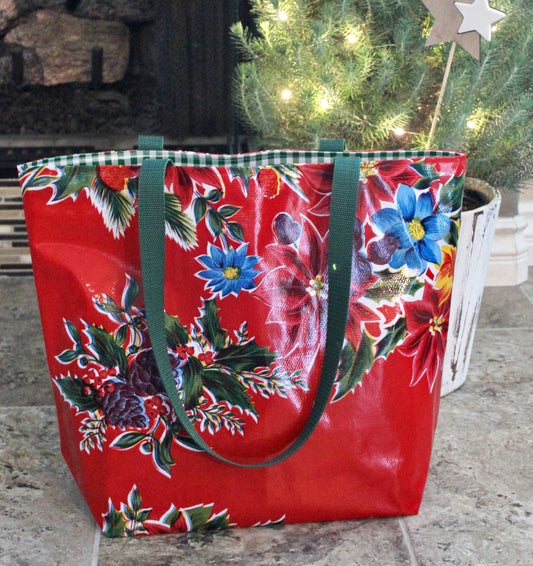 Red Vintage Christmas Reversible Oilcloth Totebag - Two Sizes