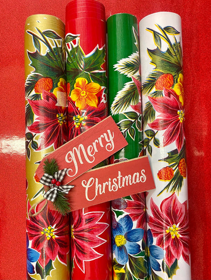 White Vintage Christmas Oilcloth Fabric