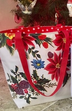 Reversible Oilcloth Christmas Totebag - Red or White Vintage Christmas