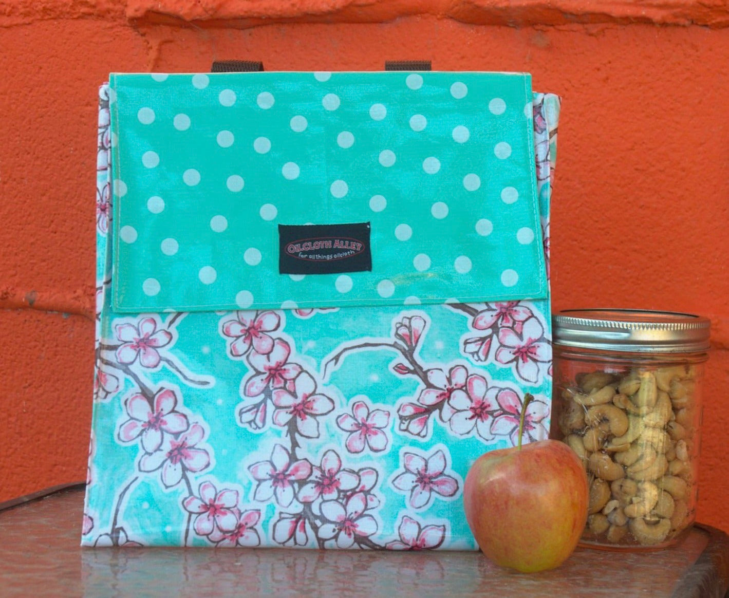 Oilcloth Insulated Lunch Bag - Seafoam Cherry Blossom