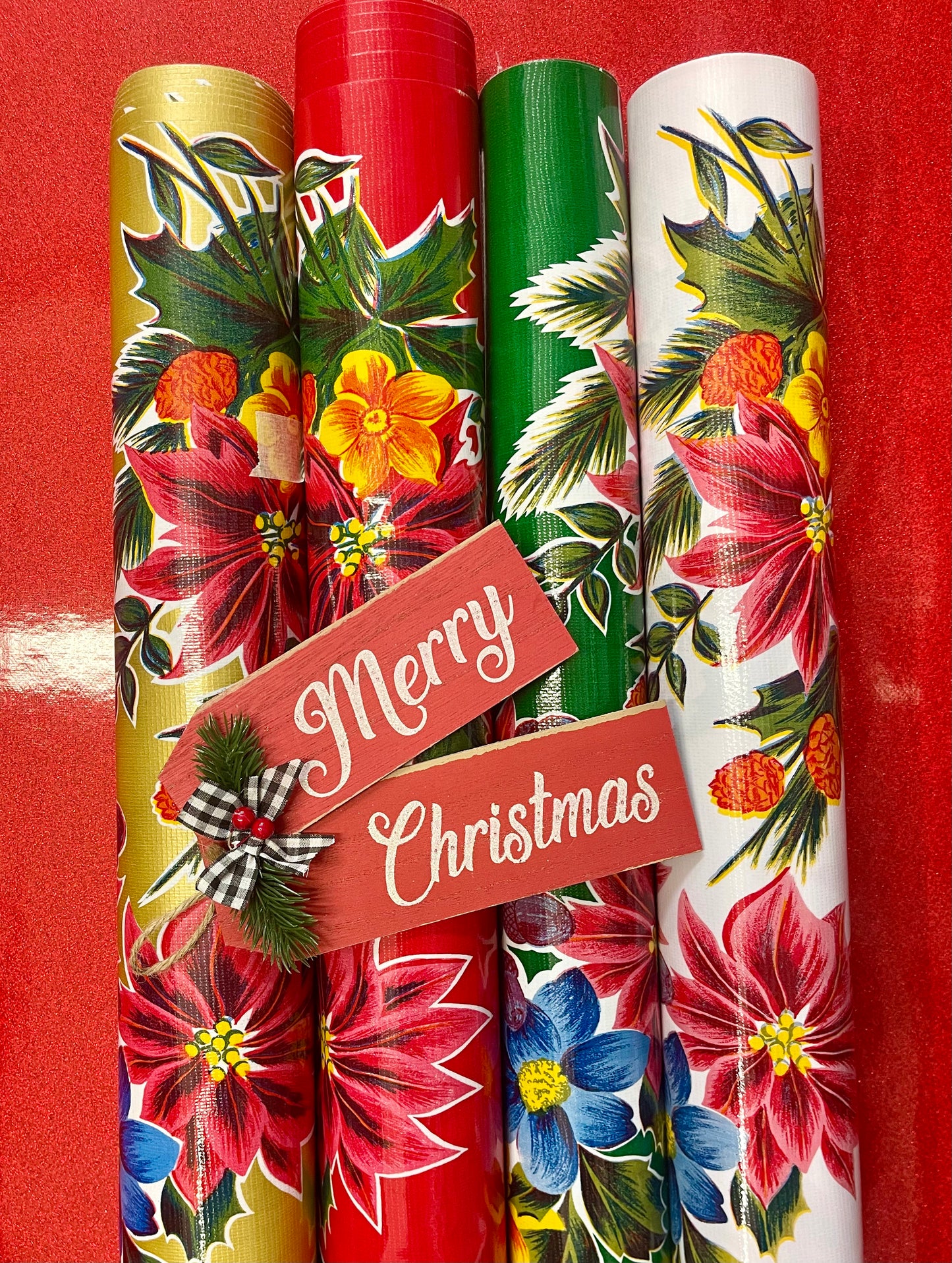 Red Vintage Christmas Oilcloth Fabric