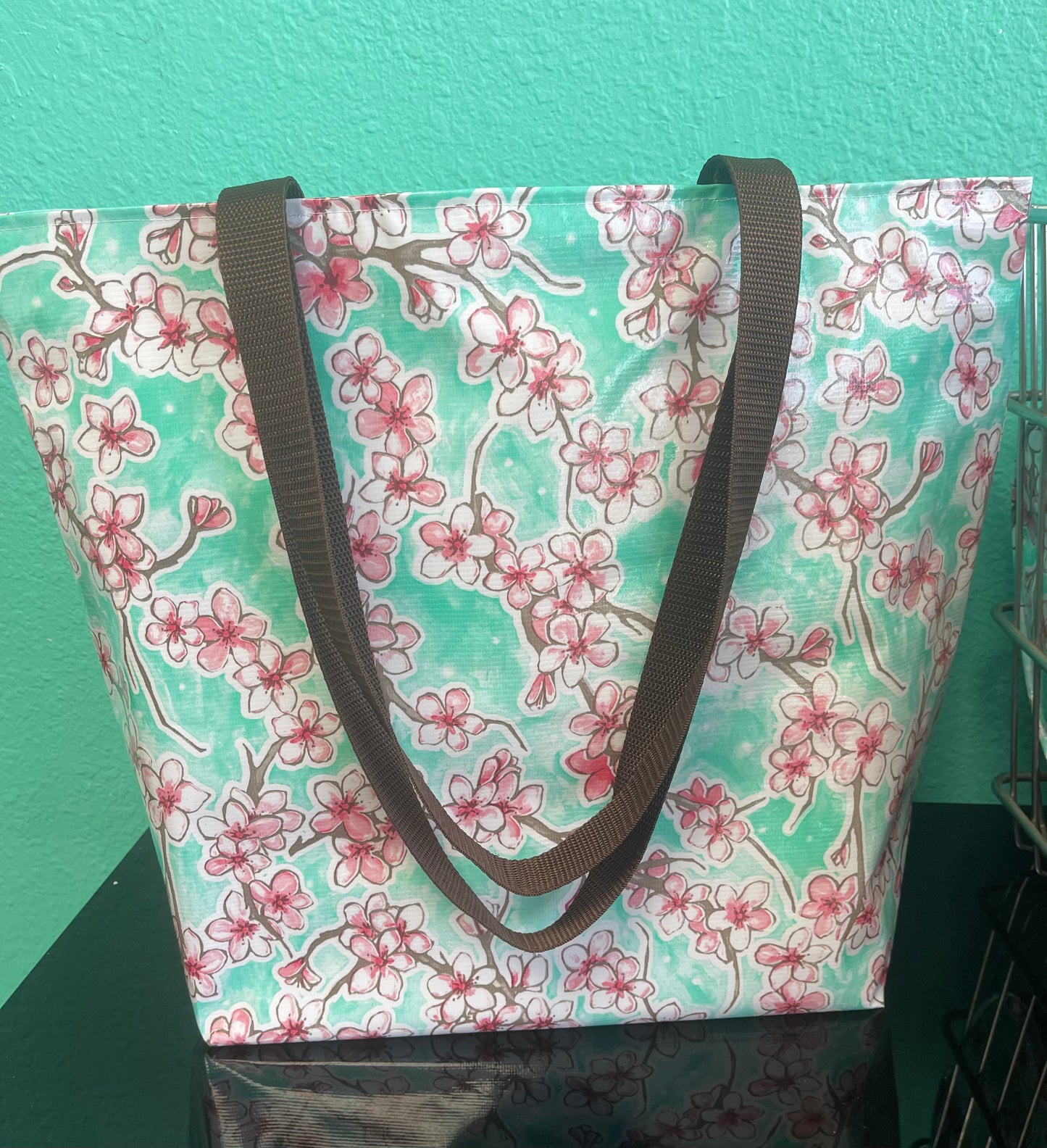 Reversible Oilcloth Totebag - Seafoam Cherry Blossom with Pink Polka Dots - Two Sizes