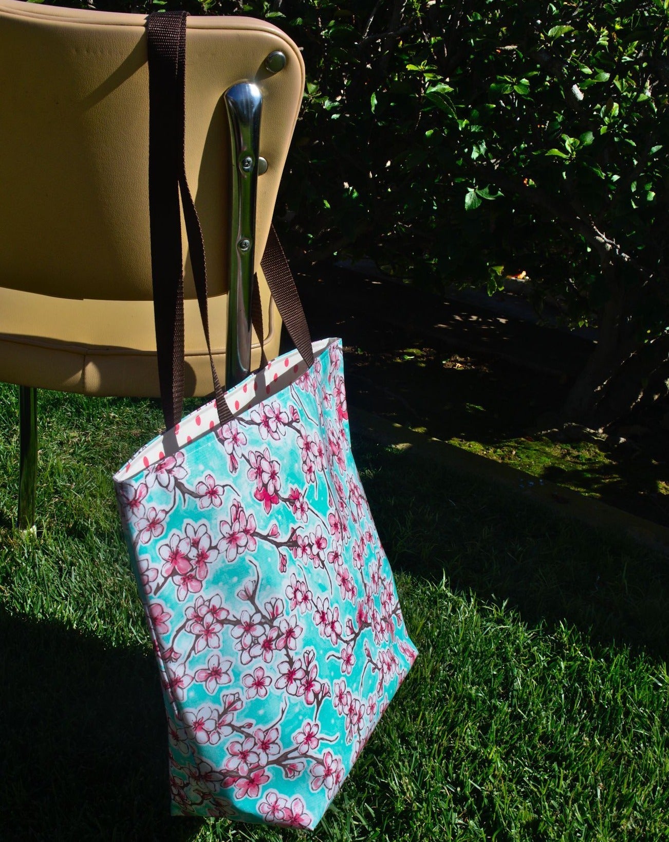 Reversible Oilcloth Totebag - Seafoam Cherry Blossom with Pink Polka Dots - Two Sizes