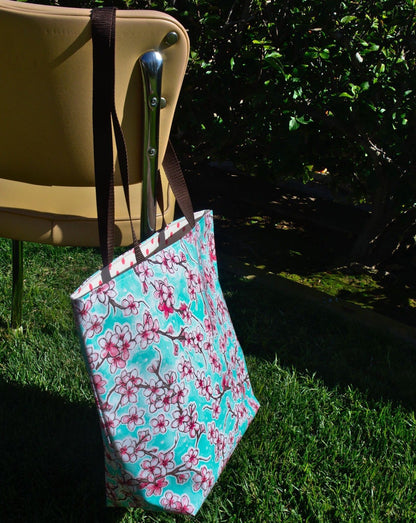 Reversible Oilcloth Totebag - Seafoam Cherry Blossom with Pink Polka Dots - Two Sizes