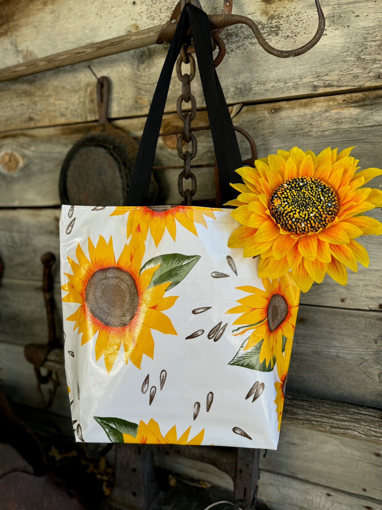 Reversible Oilcloth Totebag - Sunflowers with Black Gingham - Two Sizes