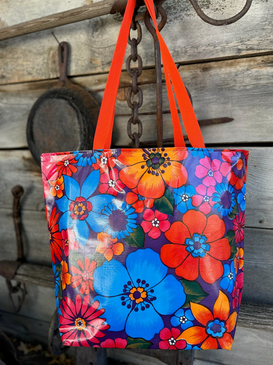 Reversible Oilcloth Totebag - Purple Flora and Orange Gingham