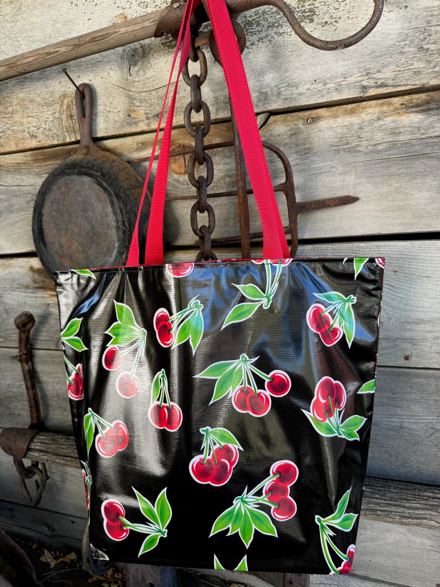 Reversible Oilcloth Totebag - Black Cherry with White on Red Polka - Two Sizes