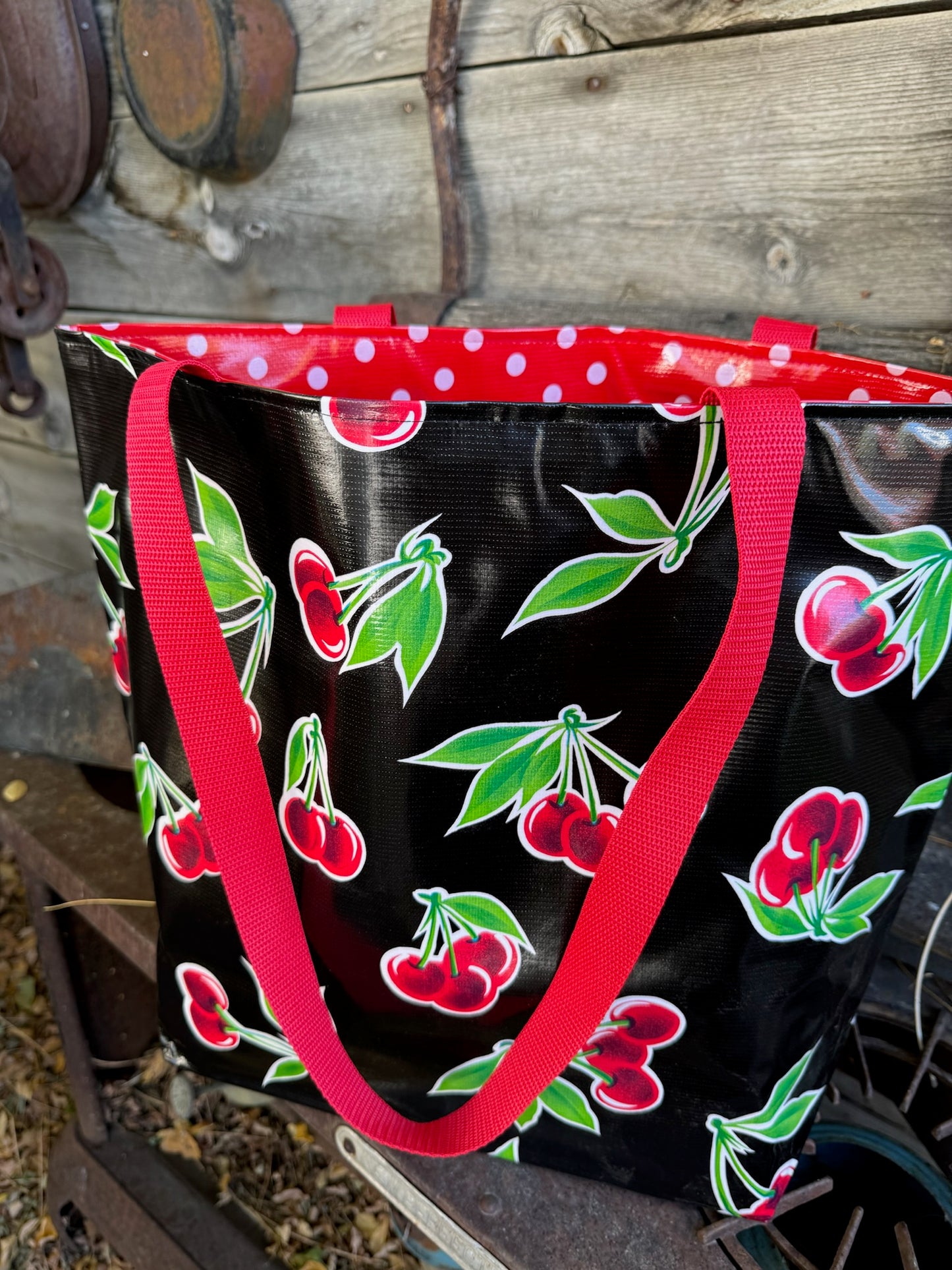 Reversible Oilcloth Totebag - Black Cherry with White on Red Polka - Two Sizes