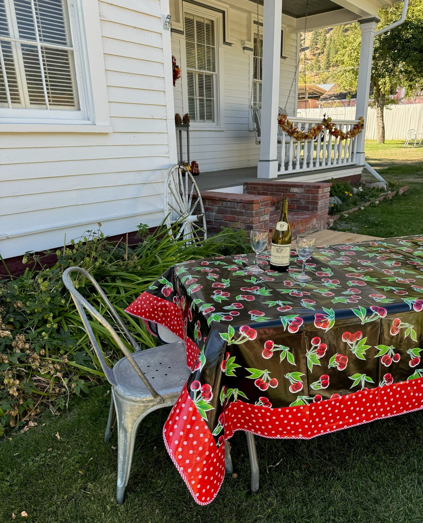 Black Cherry and White on Red Polka Dot Oilcloth Tablecloths - 84" x 56"