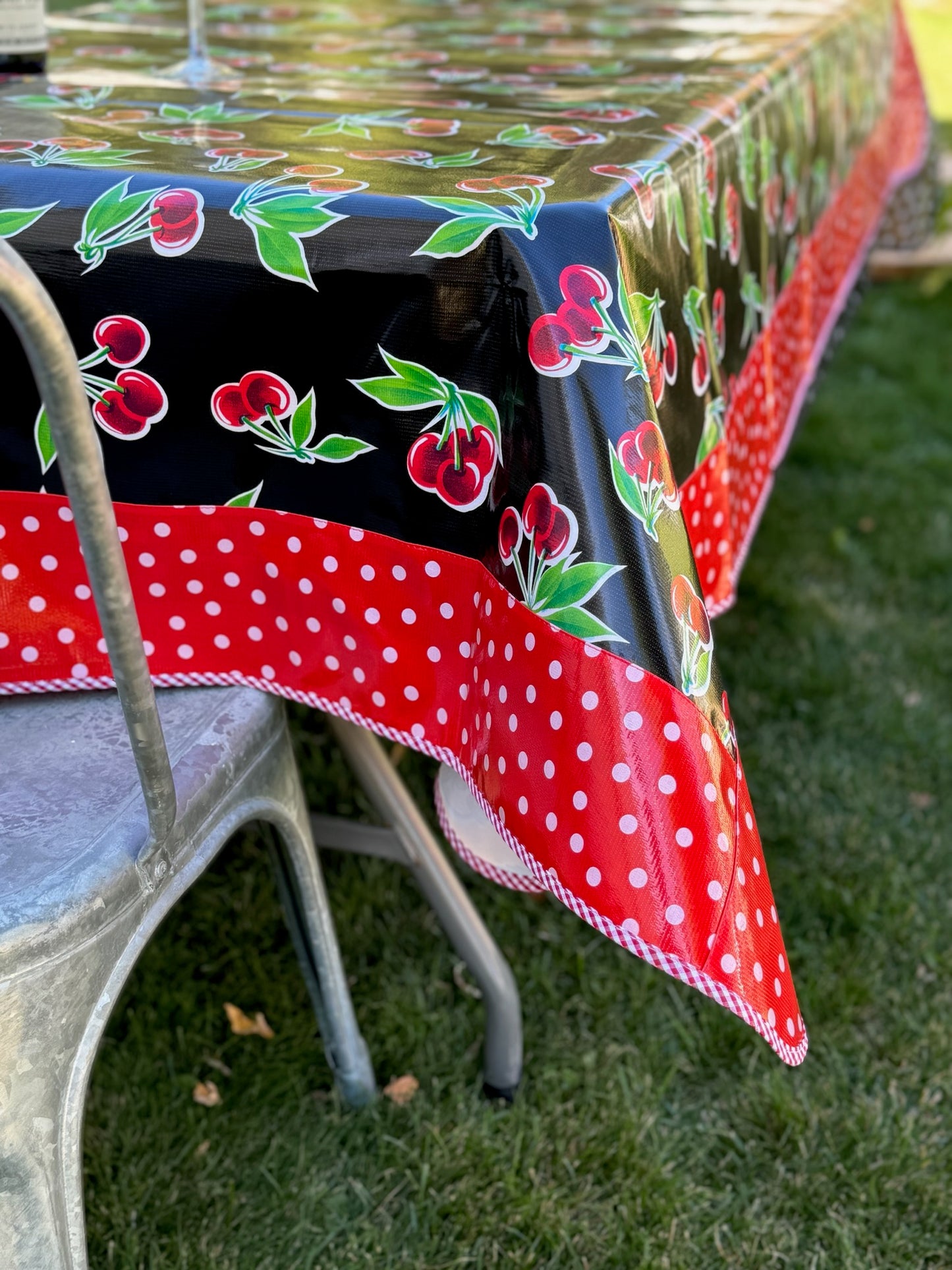 Black Cherry and White on Red Polka Dot Oilcloth Tablecloths - 84" x 56"