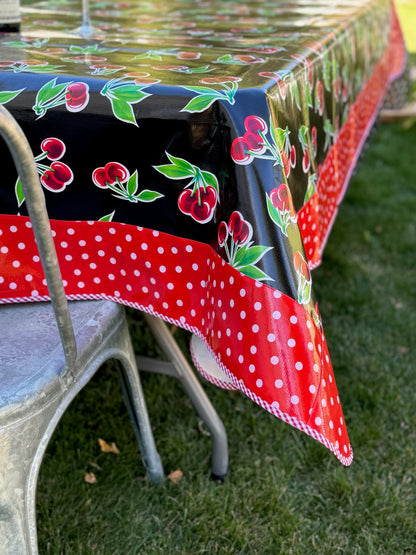 Black Cherry and White on Red Polka Dot Oilcloth Tablecloths - 84" x 56"