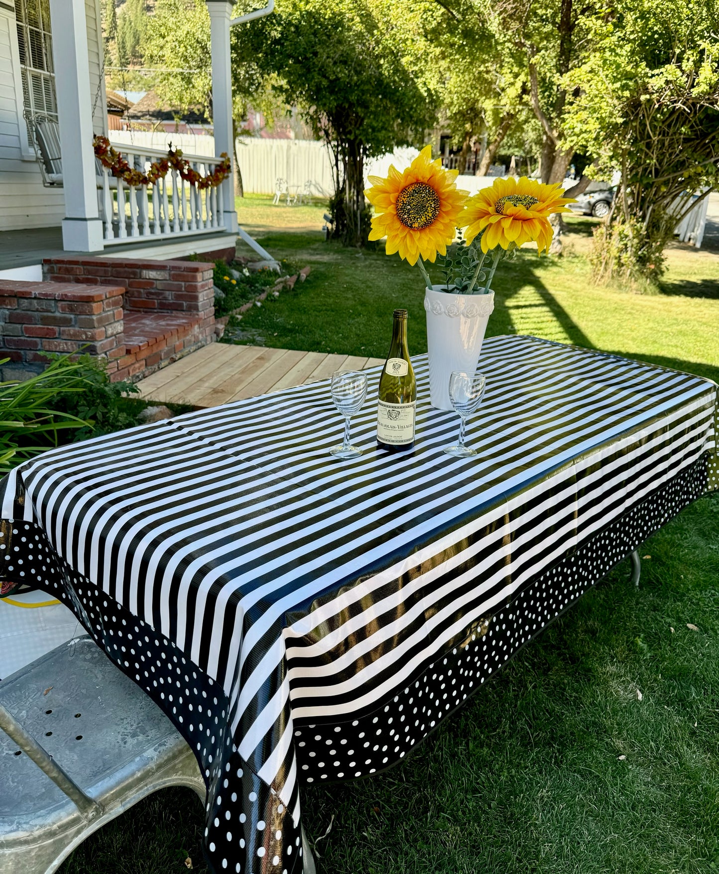 Black and White Stripes and White on Black Polka Oilcloth Tablecloths - 84" x 56"