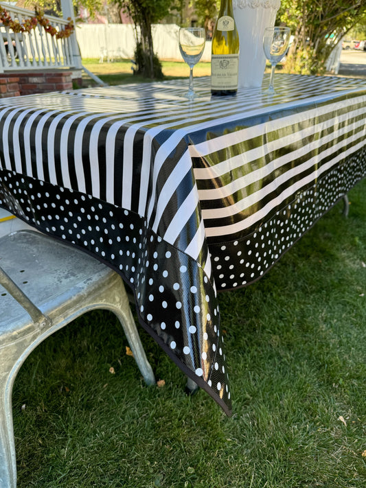 Black and White Stripes and White on Black Polka Oilcloth Tablecloths - 84" x 56"