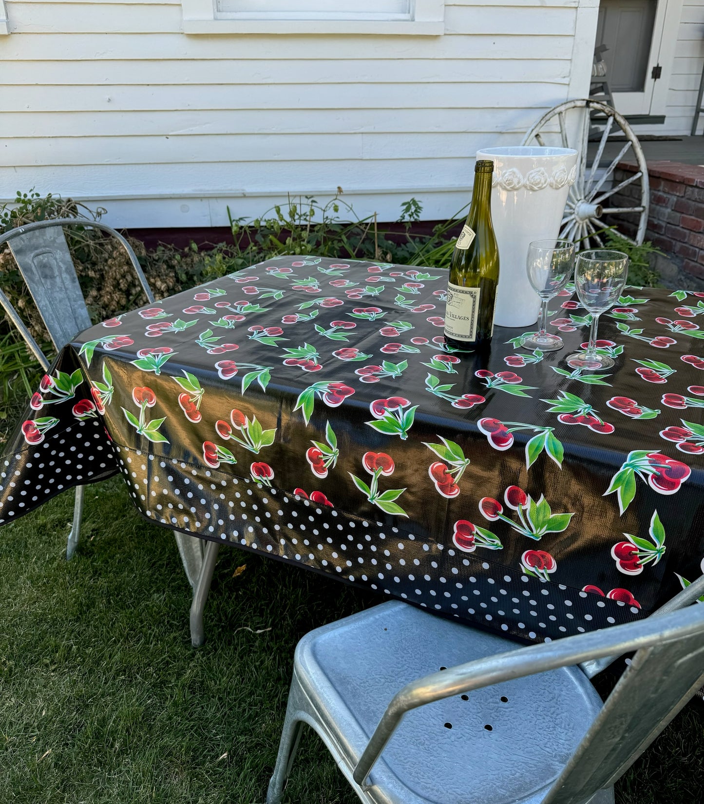 Black Cherry and White on Black Polka Dot Oilcloth Tablecloths - 84" x 56"