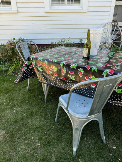 Black Cherry and White on Black Polka Dot Oilcloth Tablecloths - 84" x 56"