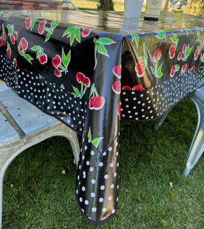 Black Cherry and White on Black Polka Dot Oilcloth Tablecloths - 84" x 56"