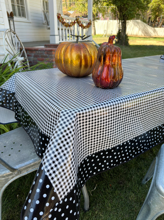 Black and White Gingham and White on Black Polka Dot Oilcloth Tablecloths - 84" x 56"