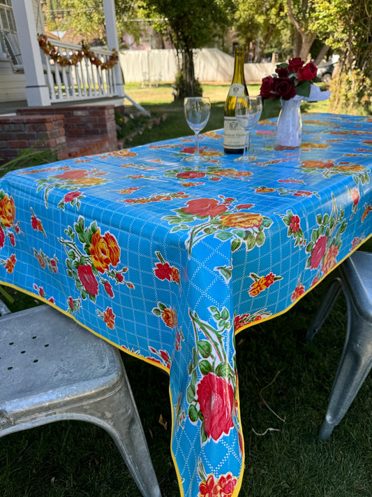 Aqua Roses Oilcloth Tablecloths