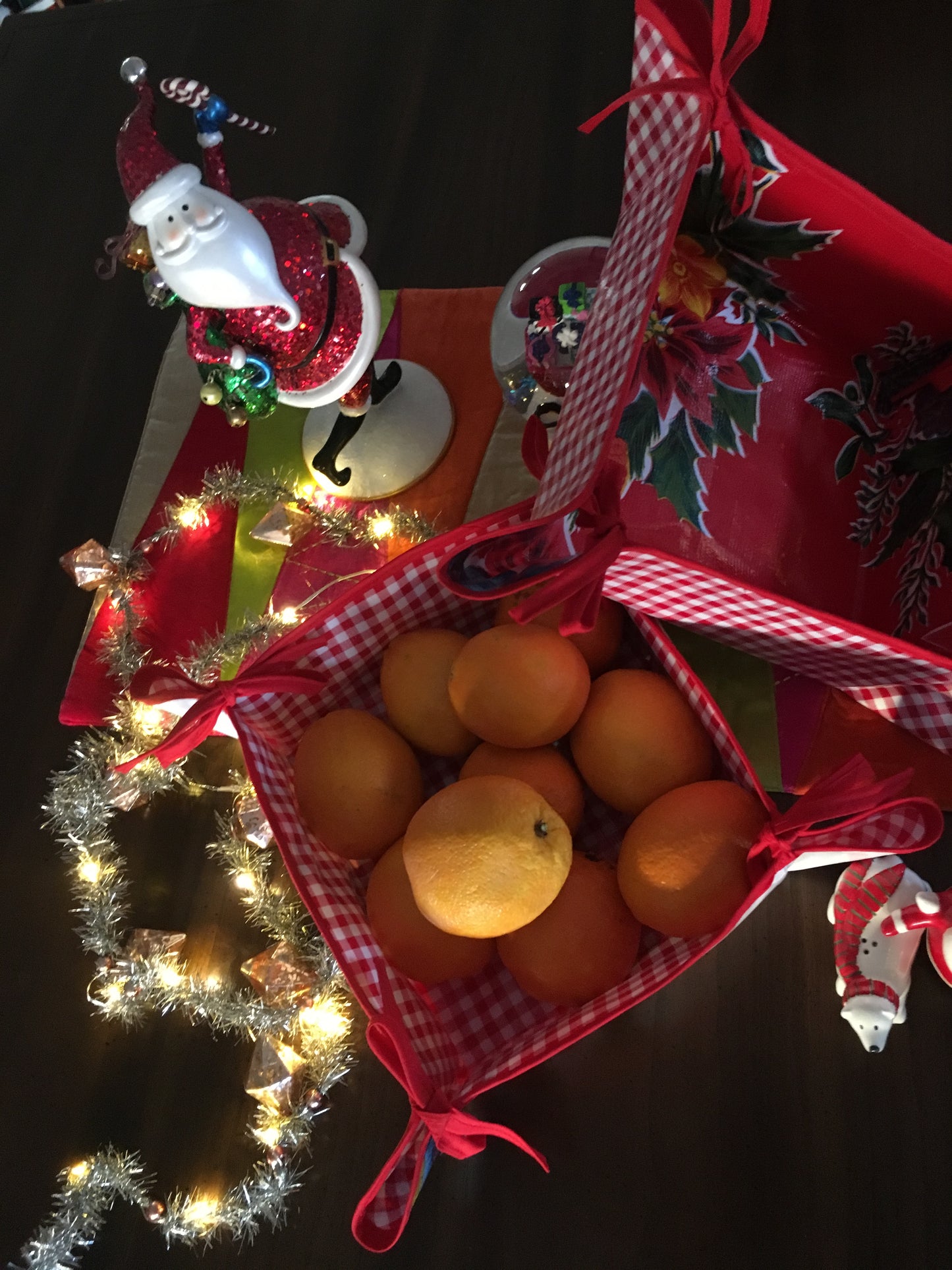 Reversible Oilcloth Basket in Red Vintage Christmas and Red Gingham