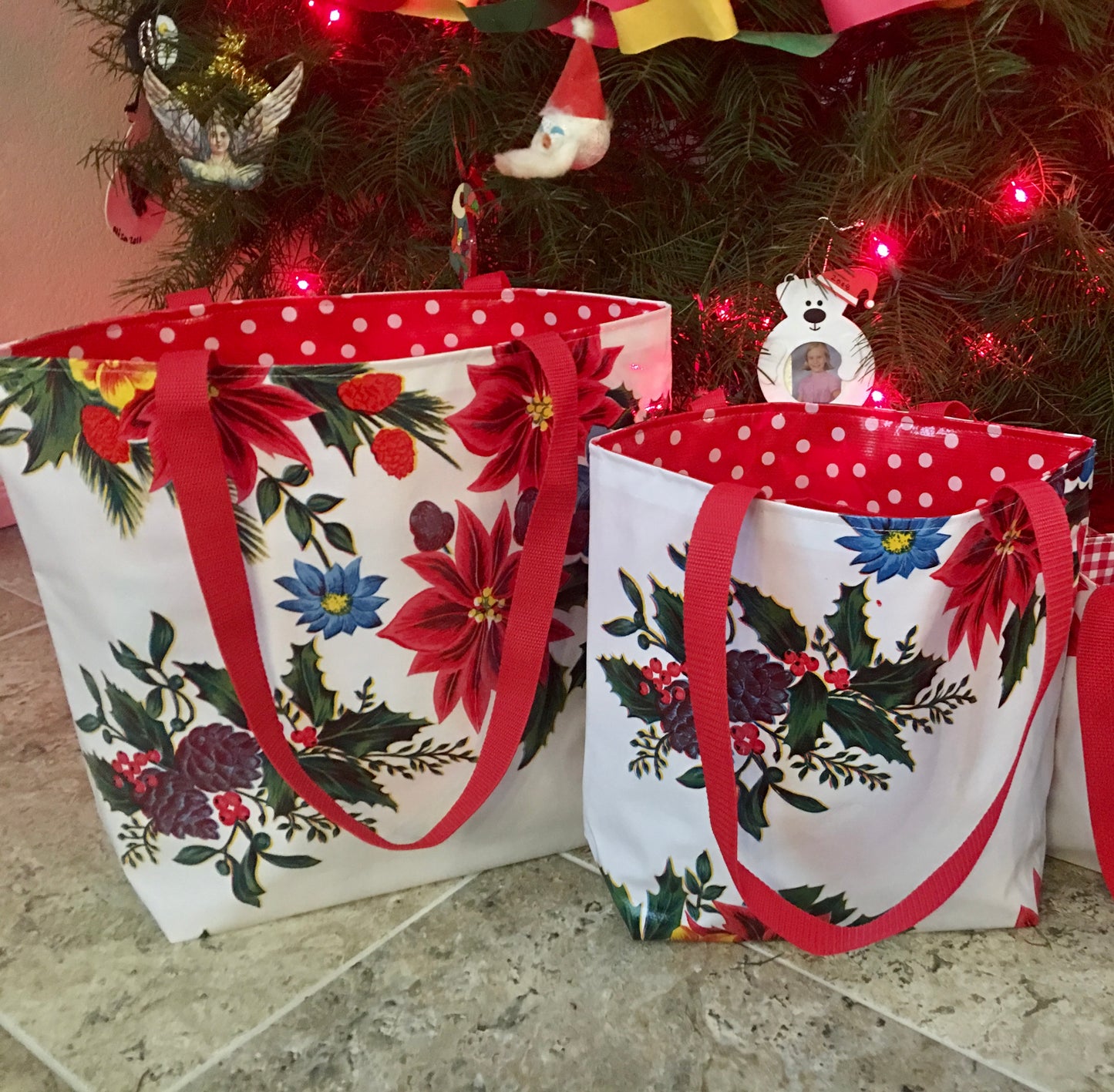 White Vintage Christmas Reversible Totebags - Two sizes