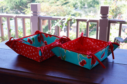 Reversible Oilcloth Basket in Turquoise Cherry and White on Red Polka Dot