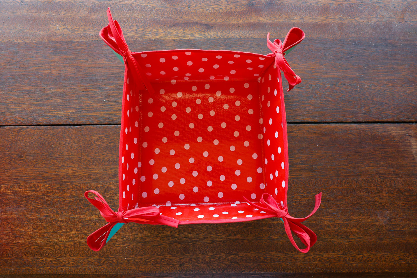 Reversible Oilcloth Basket in Turquoise Cherry and White on Red Polka Dot