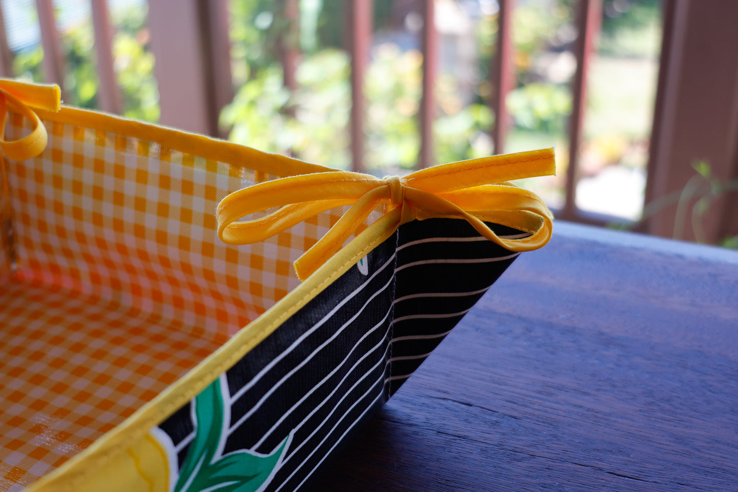 Reversible Oilcloth Basket in Black Bold Flower and Stripes and Yellow Gingham