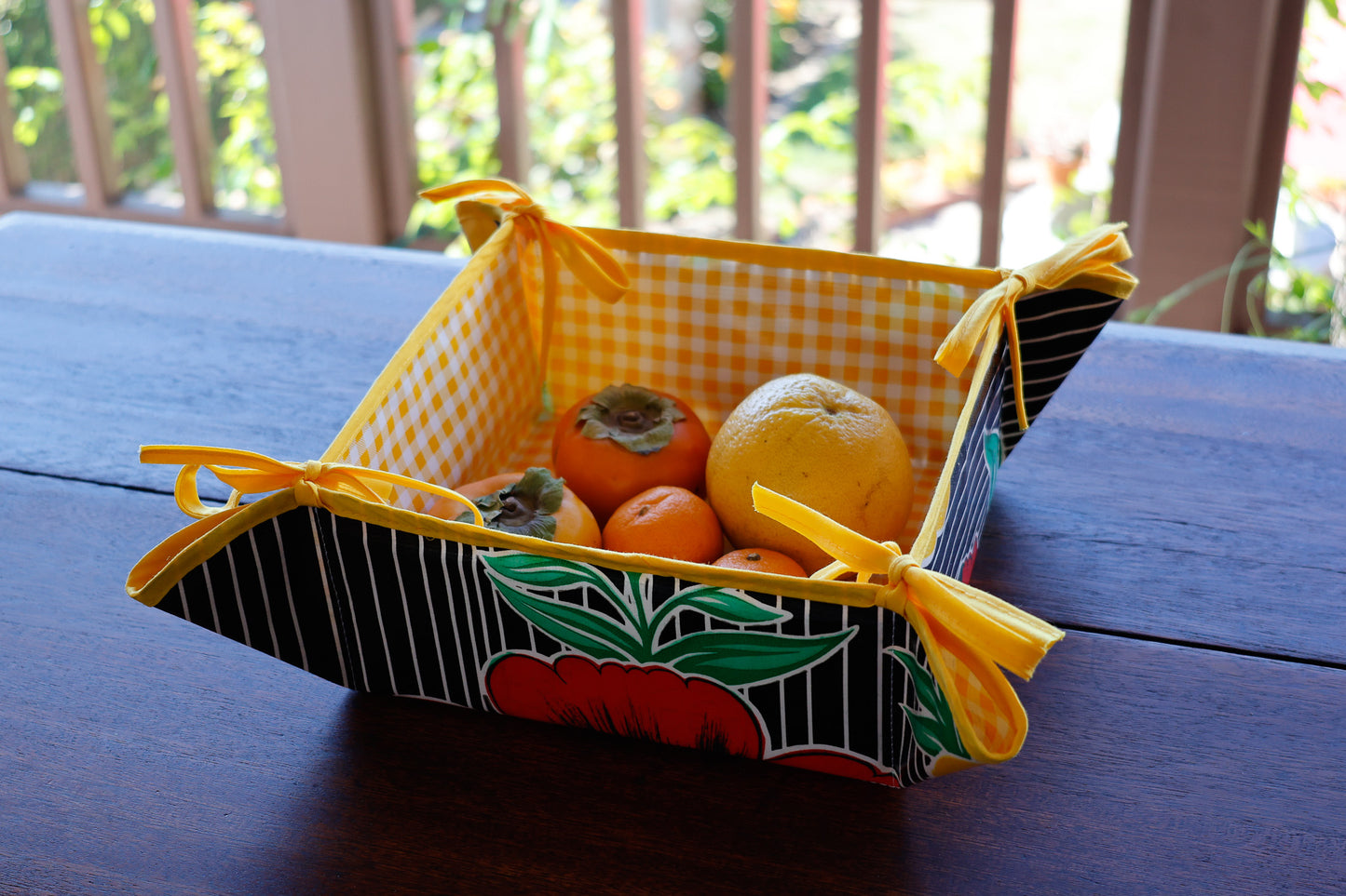 Reversible Oilcloth Basket in Black Bold Flower and Stripes and Yellow Gingham