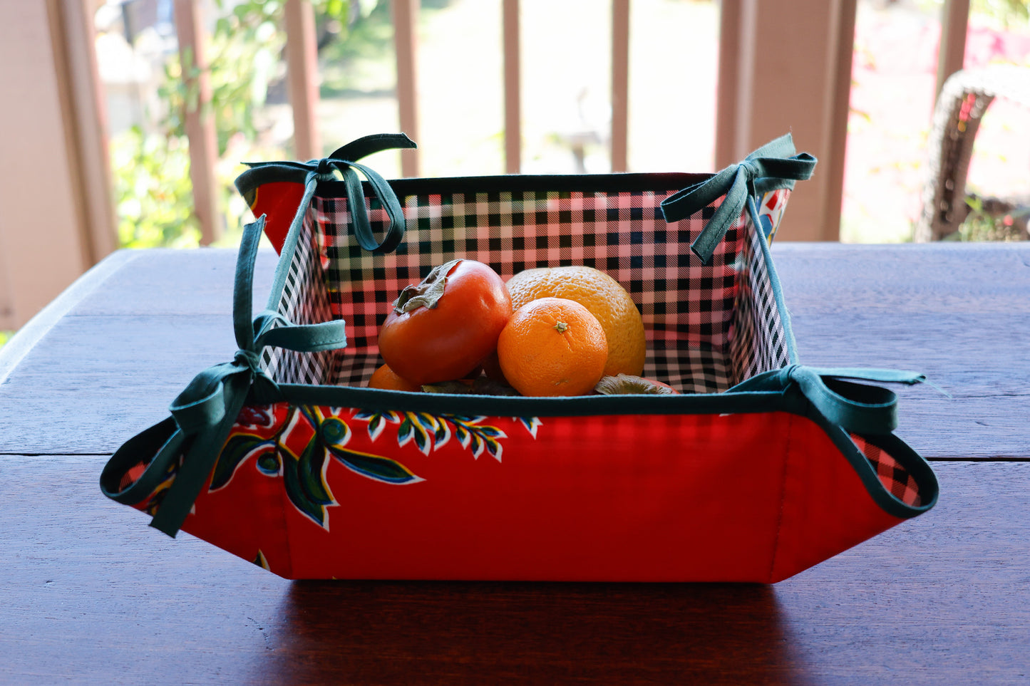 Reversible Oilcloth Basket in Red Vintage Christmas and Green Gingham