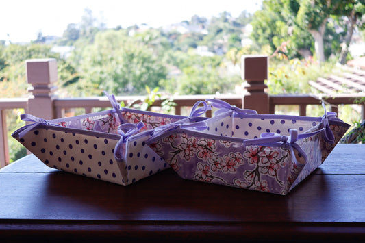 Reversible Oilcloth Basket in Purple Cherry Blossom and Purple on White Polka Dot