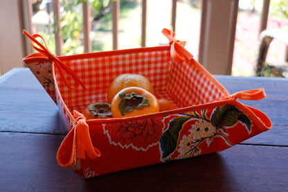 Reversible Oilcloth Basket in Orange Hibiscus and Orange Gingham