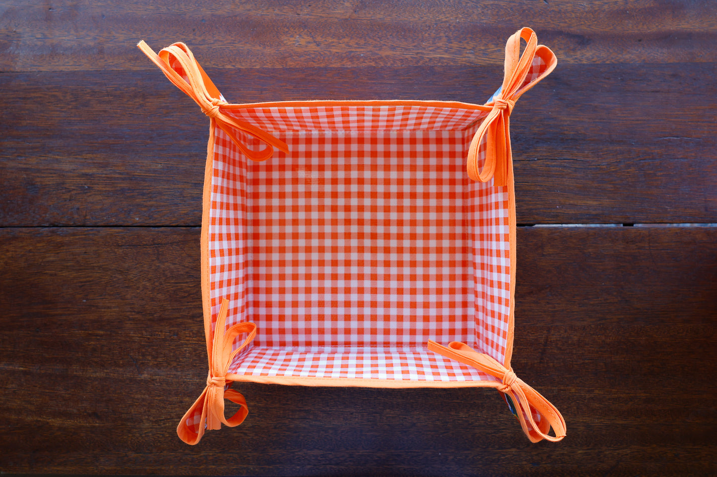 Reversible Oilcloth Basket in Orange Hibiscus and Orange Gingham