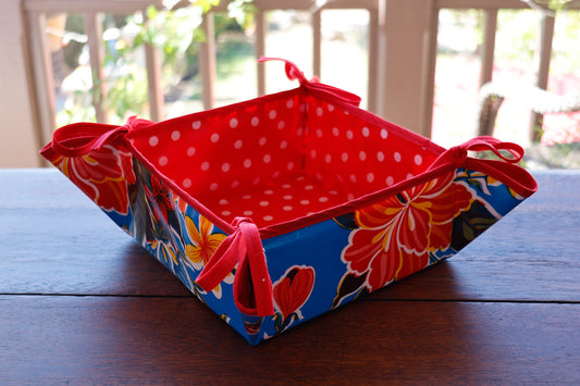 Reversible Oilcloth Basket in Blue Hibiscus and White on Red Polka Dot