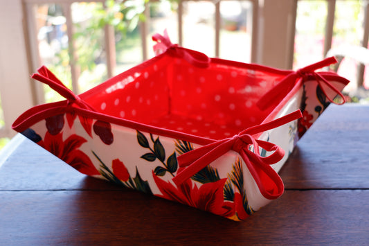 Reversible Oilcloth Basket in White Vintage Christmas and White on Red Polka Dot