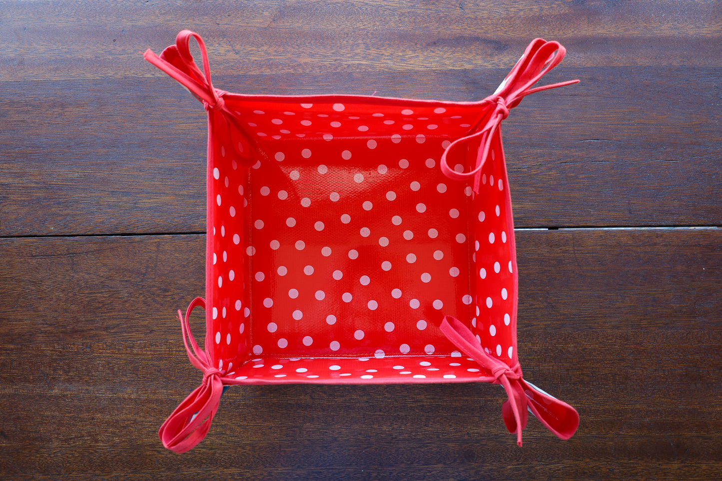 Reversible Oilcloth Basket in Black Cherry and White on Red Polka Dot