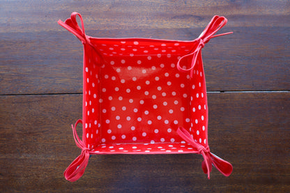 Reversible Oilcloth Basket in Black Cherry and White on Red Polka Dot