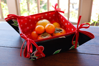 Reversible Oilcloth Basket in Black Cherry and White on Red Polka Dot