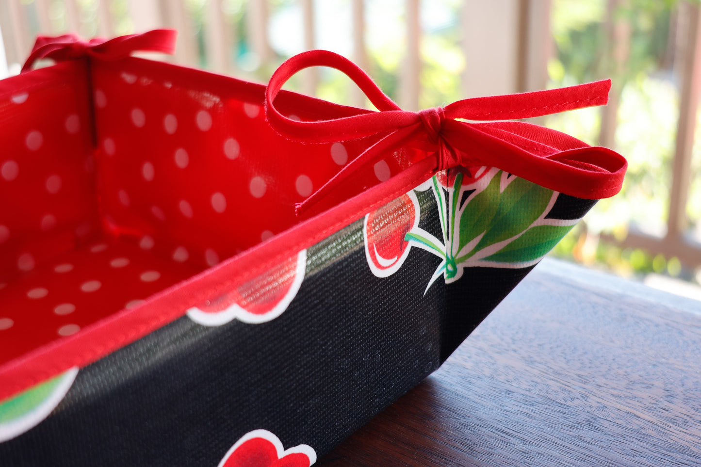 Reversible Oilcloth Basket in Black Cherry and White on Red Polka Dot